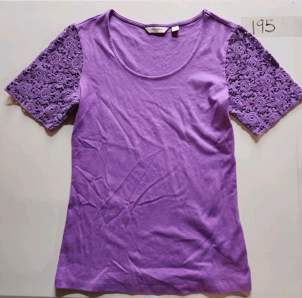 Liz Claiborne Womens Purple Crochet Cutout Sleeve T Shirt Top XXS 100% Cotton